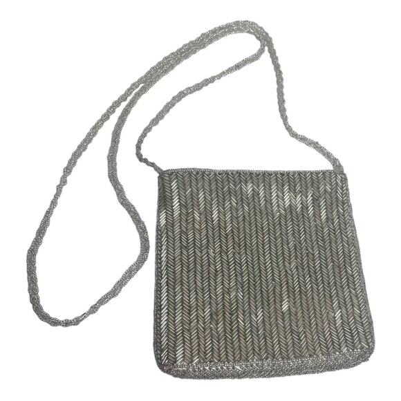 Beaded Silver Metallic Evening Bag with Chain Shoulder Strap Zip Closure Small - Picture 4 of 11